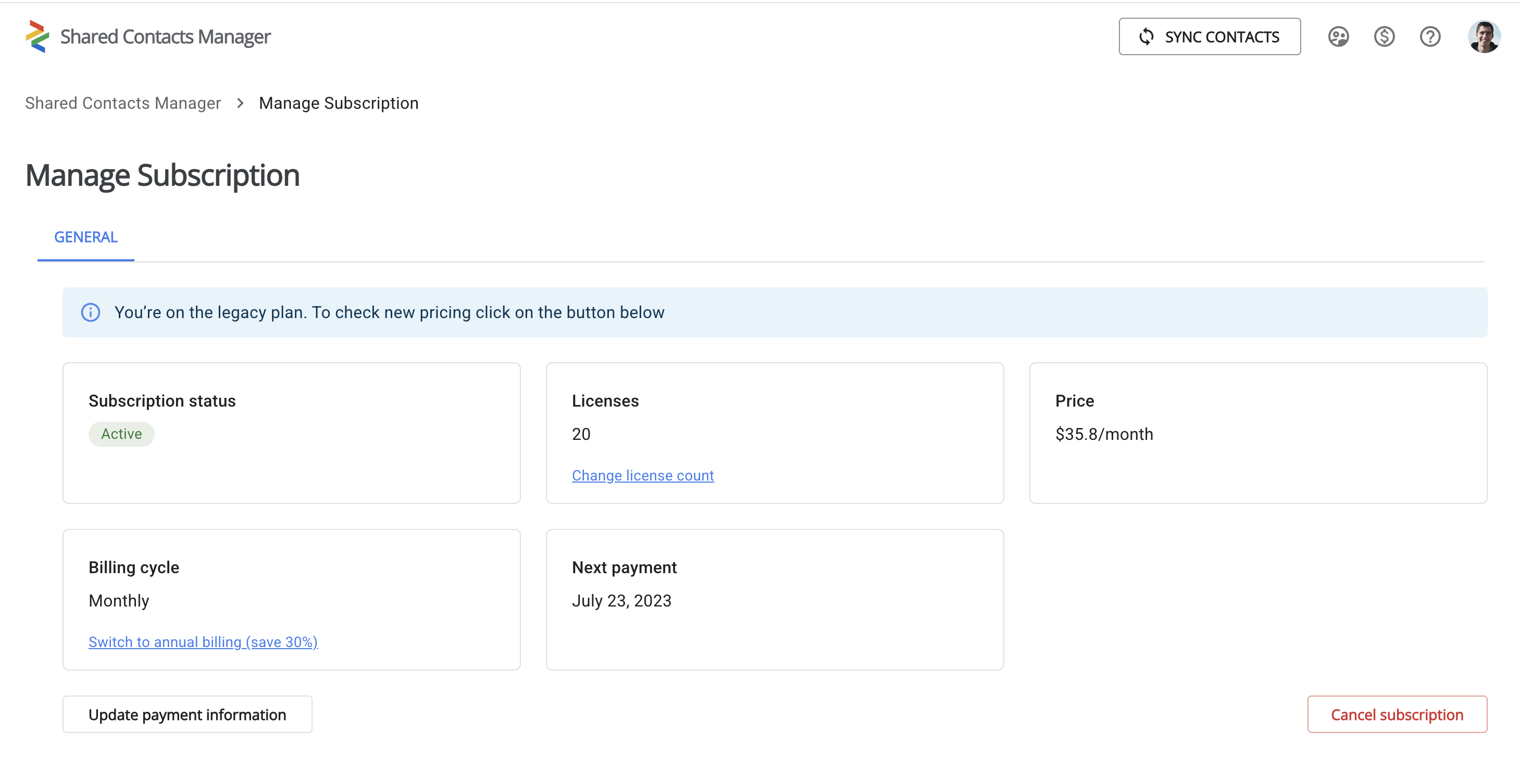 管理 Shared Contacts Manager 中的订阅菜单